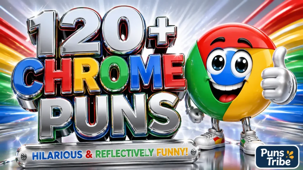 120+ Chrome puns featured image with colorful 3D chrome typography and a cheerful Chrome-inspired mascot.