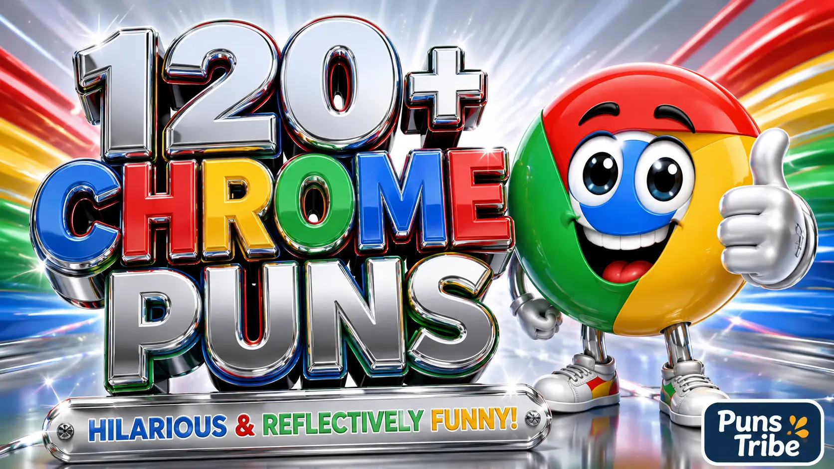 120+ Chrome puns featured image with colorful 3D chrome typography and a cheerful Chrome-inspired mascot.