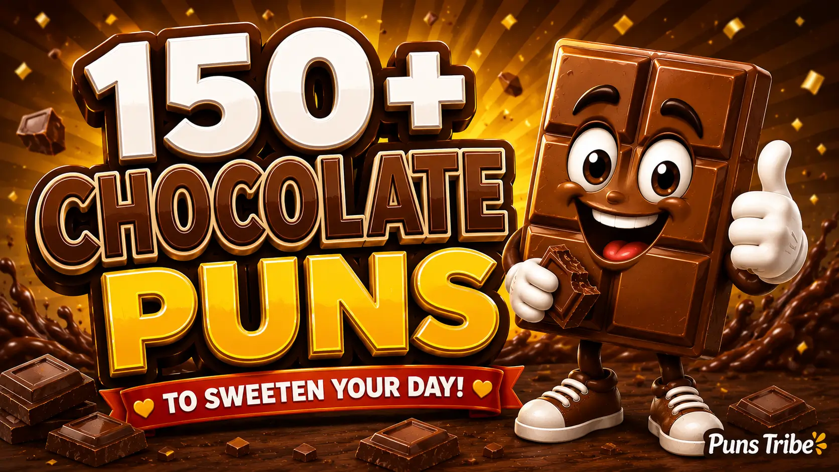 150+ Chocolate Puns featured image with a cute smiling chocolate bar mascot and bold 3D title.