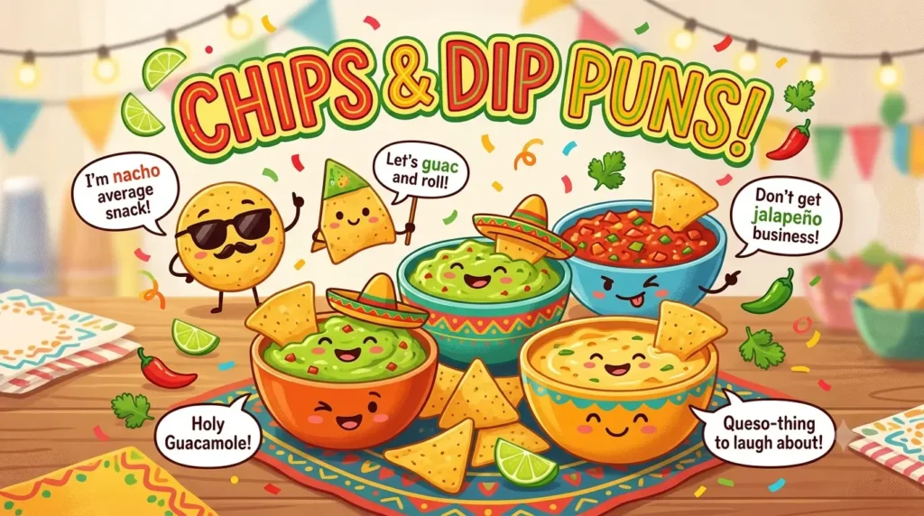 A festive, vibrant cartoon illustration showing personified chips and dip bowls with speech bubbles. A round chip in sunglasses winks and says 'I'm nacho average snack!'. A small chip with a sombrero holds a 'Let's guac and roll!' sign. A happy guacamole bowl says 'Holy Guacamole!', a salsa bowl says 'Don't get jalapeño business!', and a queso bowl says 'Queso-thing to laugh about!' Scattered tortilla chips are around them on a colorful party table.