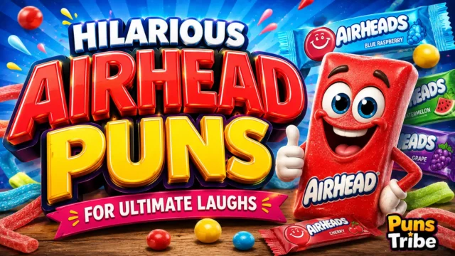 Airhead puns featured image with colorful candy and a cheerful Airheads mascot