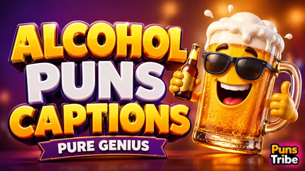 Alcohol puns captions featured image with bold 3D lettering and a fun cartoon beer mug
