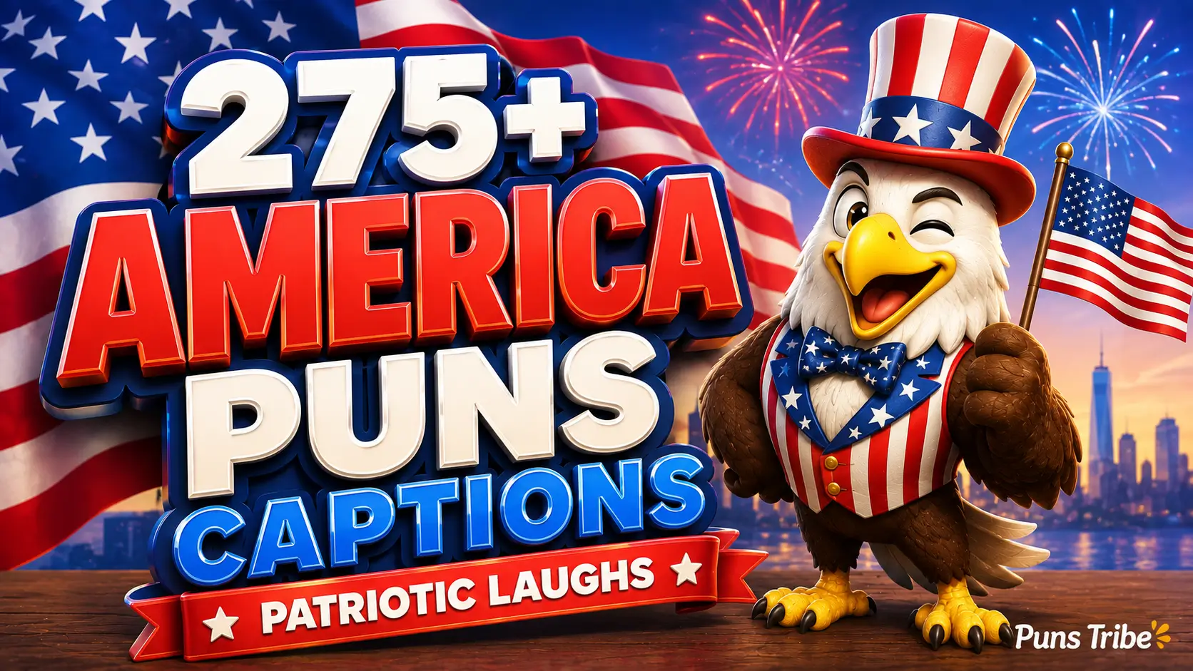 A bright widescreen thumbnail with 3D text reading 275+ America Puns Captions and a cute cartoon eagle mascot.