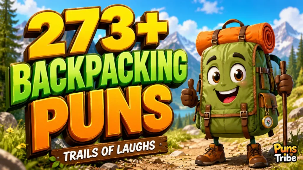 273+ backpacking puns thumbnail with bold 3D text and a cheerful backpack mascot on a mountain trail.