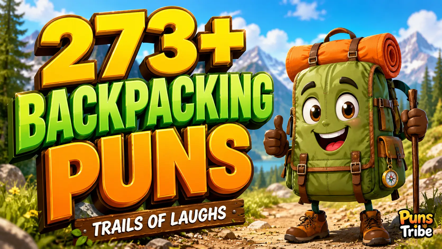 273+ backpacking puns thumbnail with bold 3D text and a cheerful backpack mascot on a mountain trail.