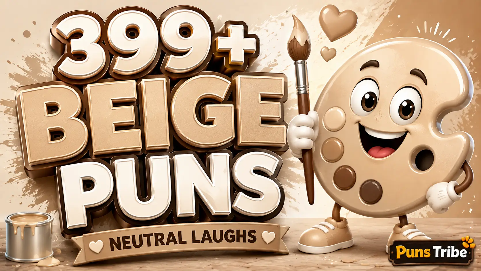 Featured image for beige puns with bold 3D typography, a smiling beige paint mascot, and a clean neutral background.