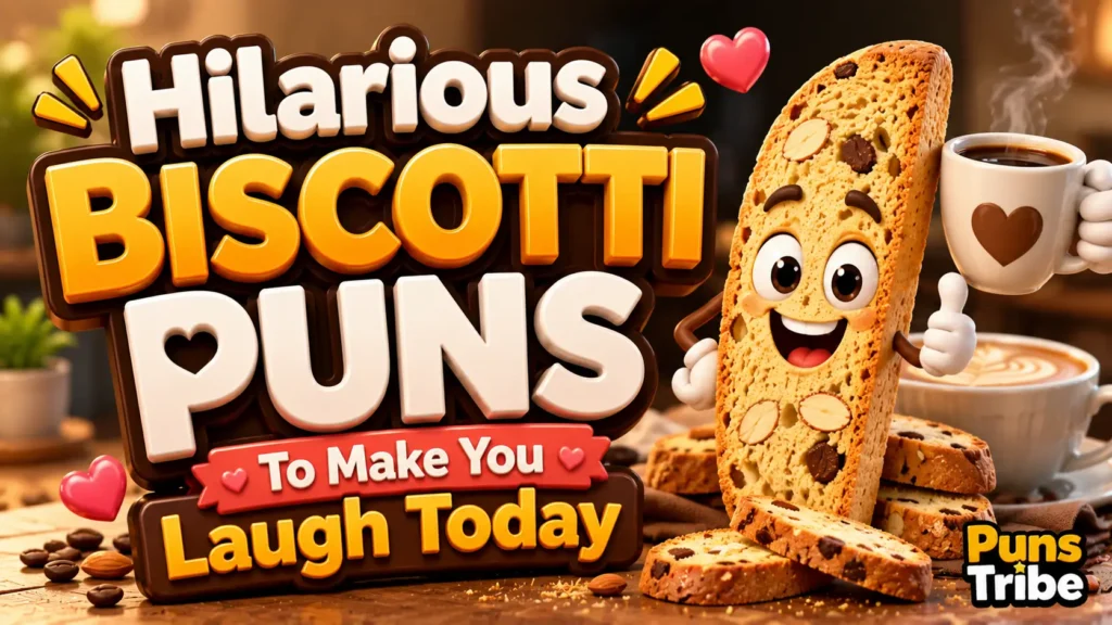 Biscotti puns featured image with a cheerful biscotti character, coffee cup, and bold 3D typography.