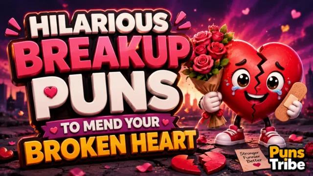 breakup puns featured image with a cracked heart cartoon and roses