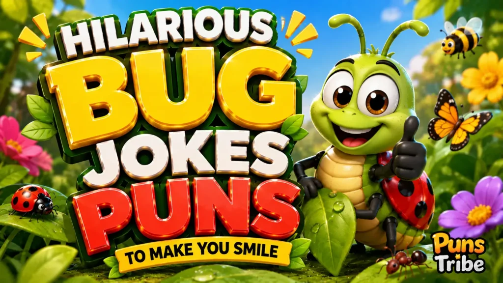Hilarious bug jokes puns with a colorful cartoon bug mascot and bold 3D typography