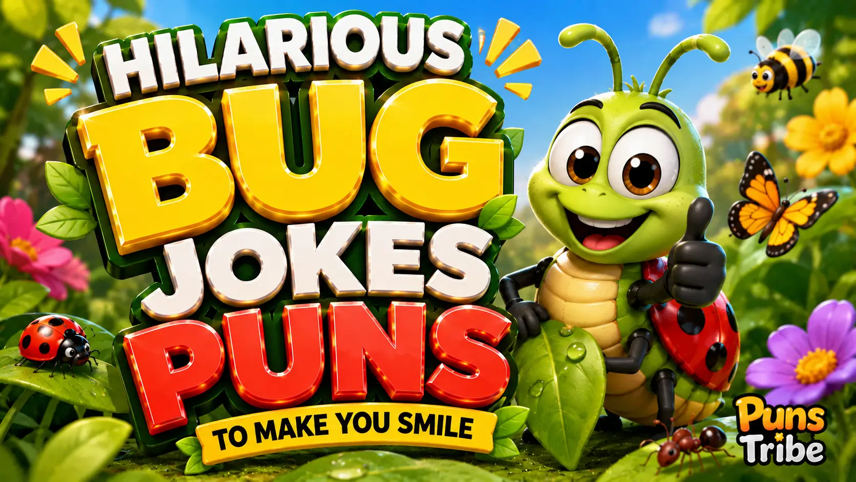 Hilarious bug jokes puns with a colorful cartoon bug mascot and bold 3D typography