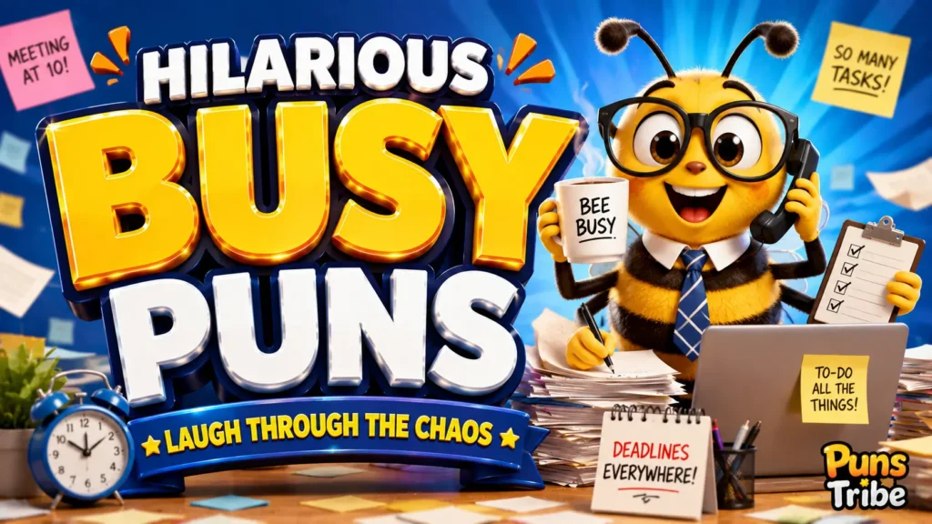 Busy puns featured image with a cheerful bee mascot and colorful 3D typography