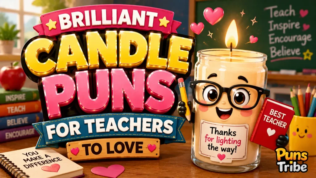 candle puns for teachers featured image with a glowing candle mascot