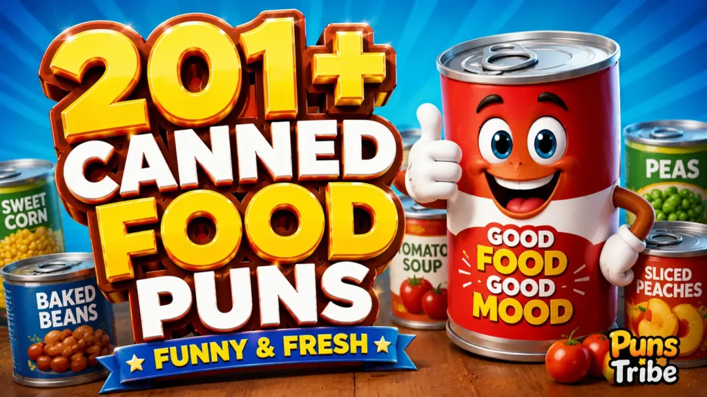 201+ canned food puns with a cheerful cartoon can mascot and colorful food cans