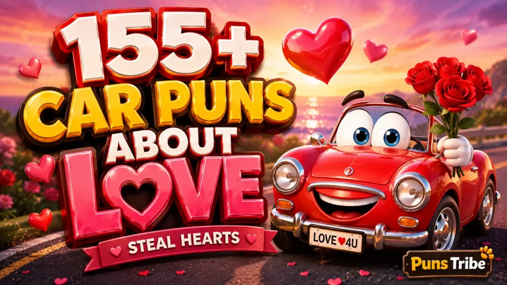 Featured image for car puns about love with bold 3D title, smiling cartoon car, roses, and romantic heart background.