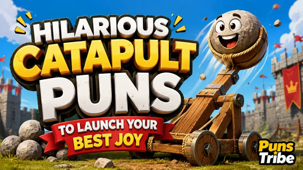 catapult puns with a funny cartoon catapult launching a cheerful boulder