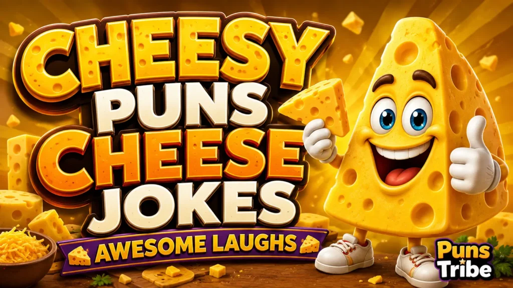 Cheesy puns cheese jokes thumbnail with a cheerful cheese mascot and bold 3D lettering