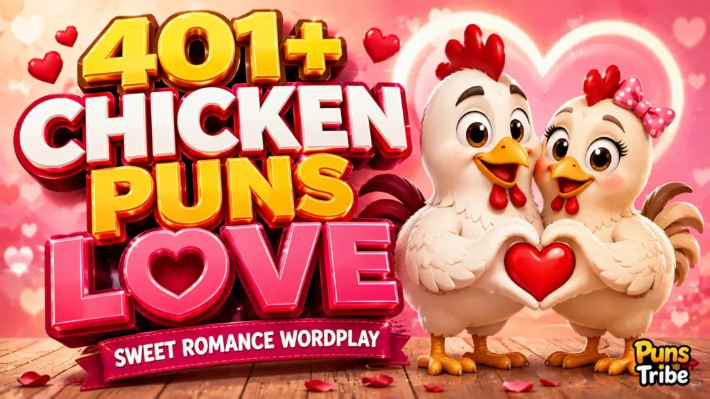 401+ chicken puns love thumbnail with romantic 3D text and two cute chickens holding a heart.