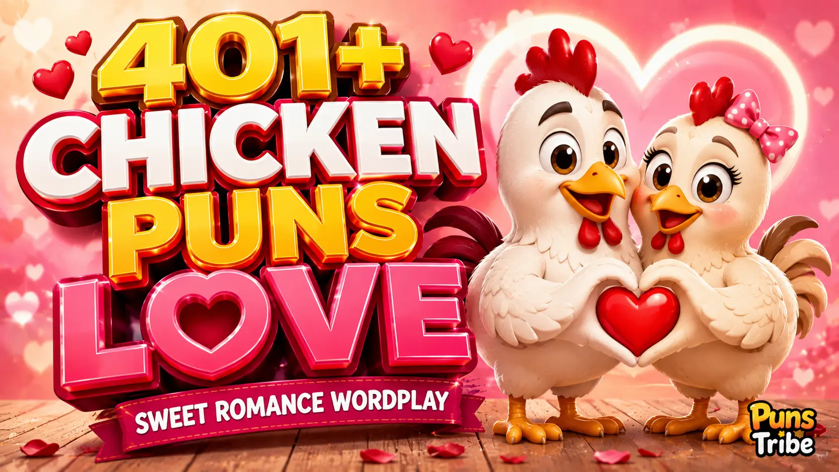 401+ chicken puns love thumbnail with romantic 3D text and two cute chickens holding a heart.