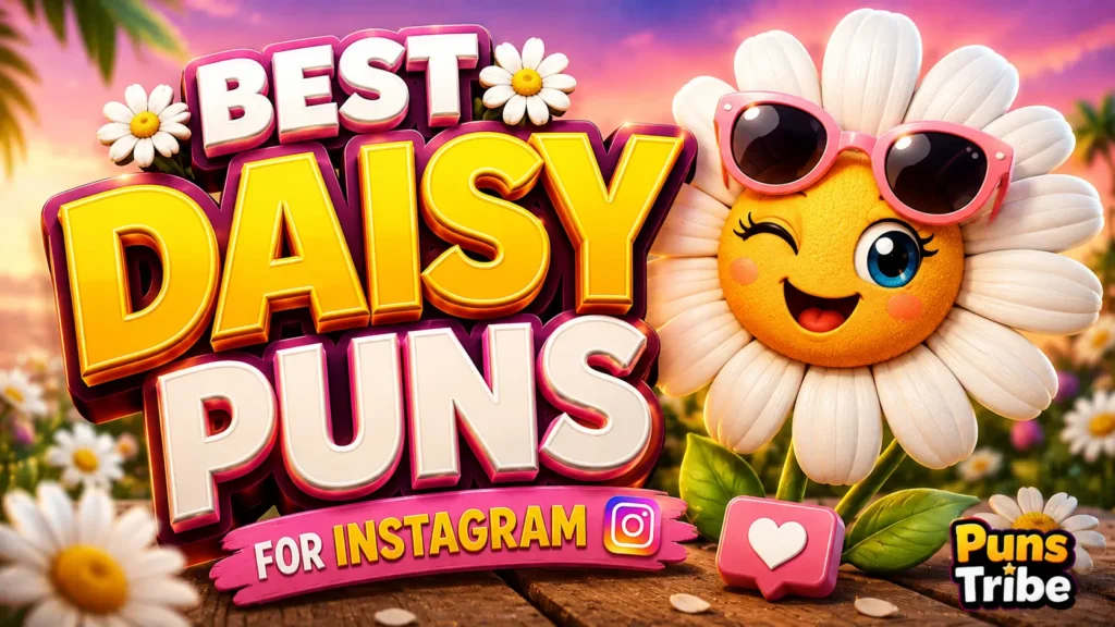 Daisy puns for Instagram featured image with a cheerful daisy mascot