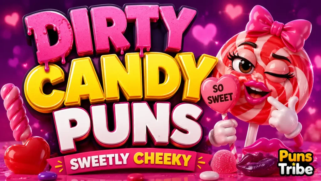 dirty candy puns featured image with colorful candy and glossy 3D typography