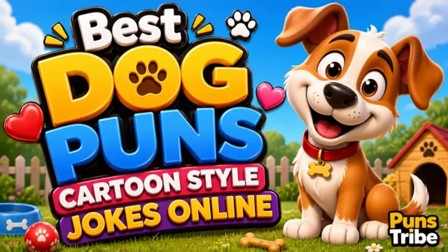 Dog puns cartoon featured image with a cheerful puppy, colorful park, and bold 3D typography.