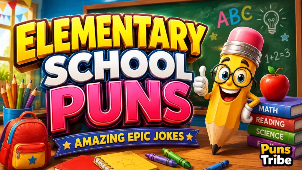 elementary school puns with colorful classroom jokes and a cheerful pencil mascot