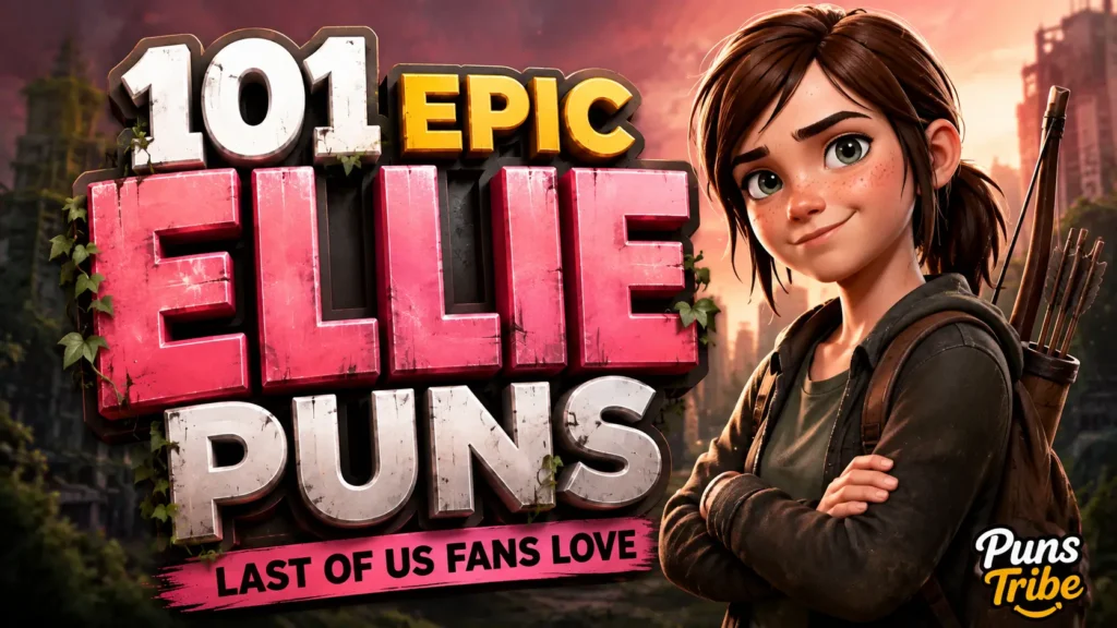 Featured image for ellie puns last of us with bold 3D typography, a stylized gamer heroine, and a post-apocalyptic backdrop.