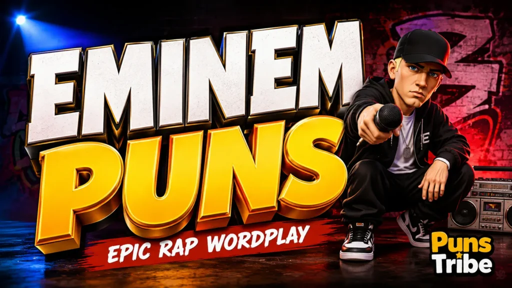 Eminem puns featured image with bold 3D typography, a rapper mascot, boombox, and Puns Tribe branding.