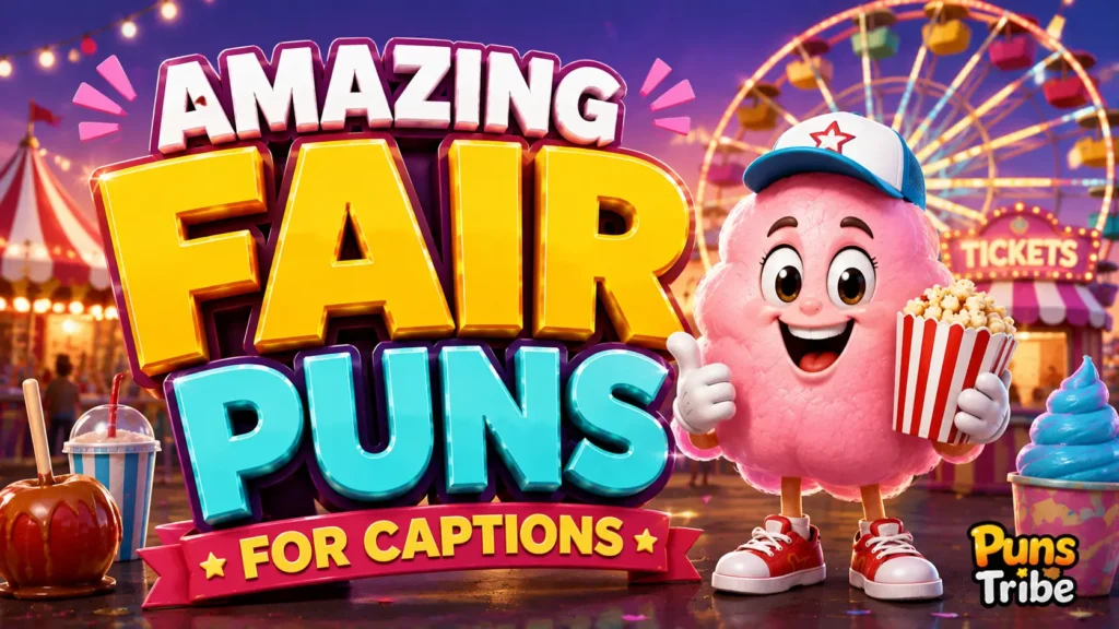 Fair puns for captions with a colorful carnival scene and fun typography