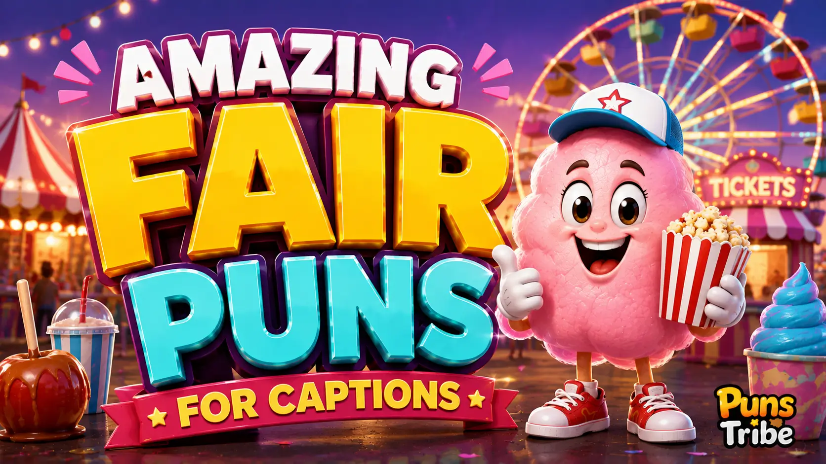 Fair puns for captions with a colorful carnival scene and fun typography