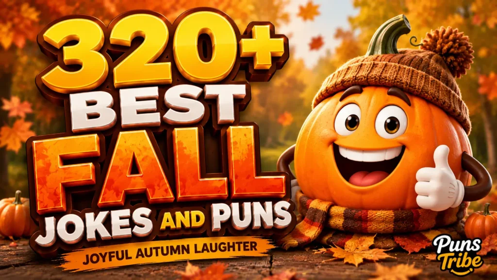 Featured image for fall jokes and puns with bold 3D typography and a cheerful pumpkin mascot.