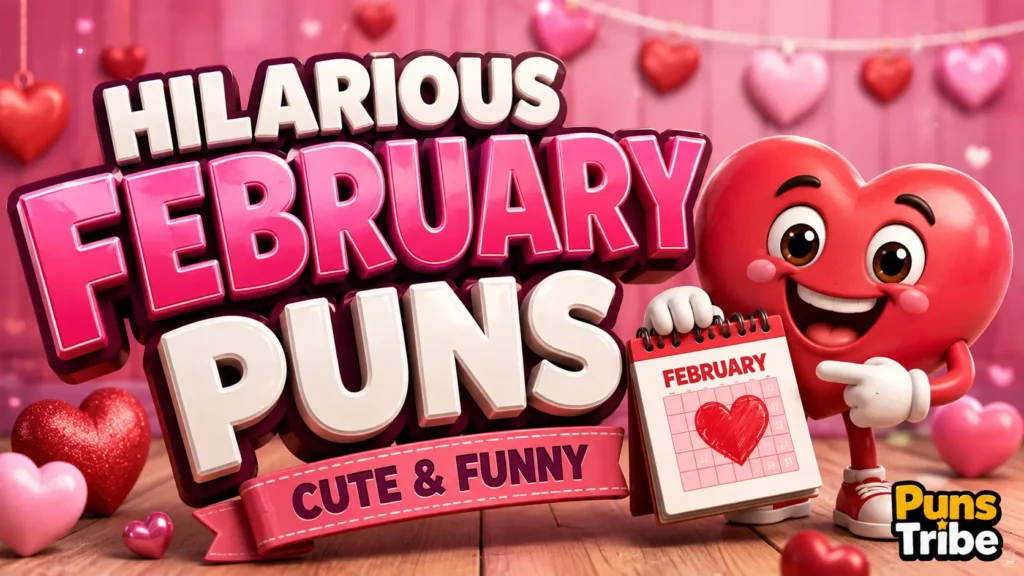 February puns featured image with colorful 3D text, hearts, and a cheerful calendar mascot