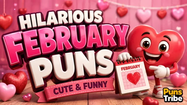 February puns featured image with colorful 3D text, hearts, and a cheerful calendar mascot