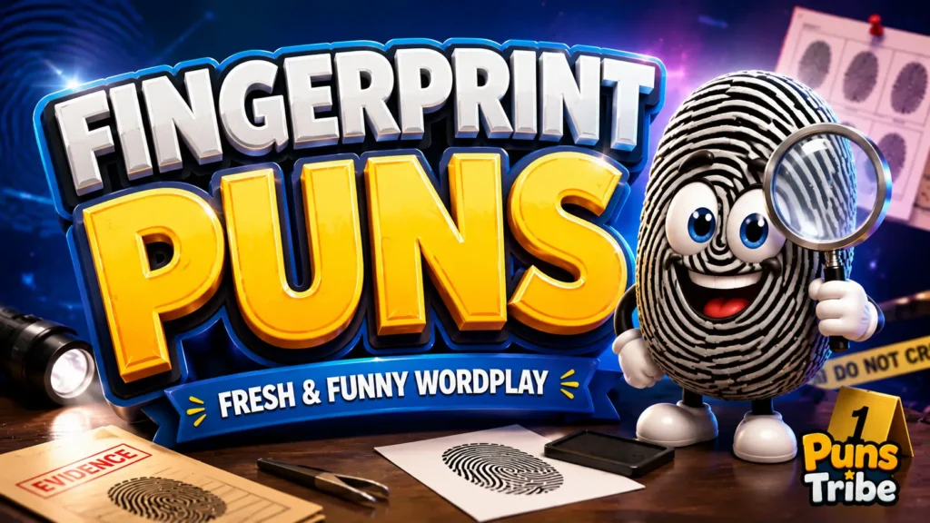 Fingerprint puns featured image with bold 3D typography and a cheerful fingerprint detective