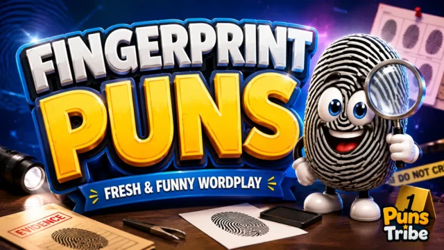 Fingerprint puns featured image with bold 3D typography and a cheerful fingerprint detective