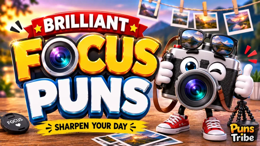 focus puns featured image with a fun camera mascot