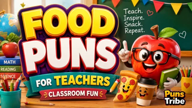 food puns for teachers in a colorful classroom-themed cartoon
