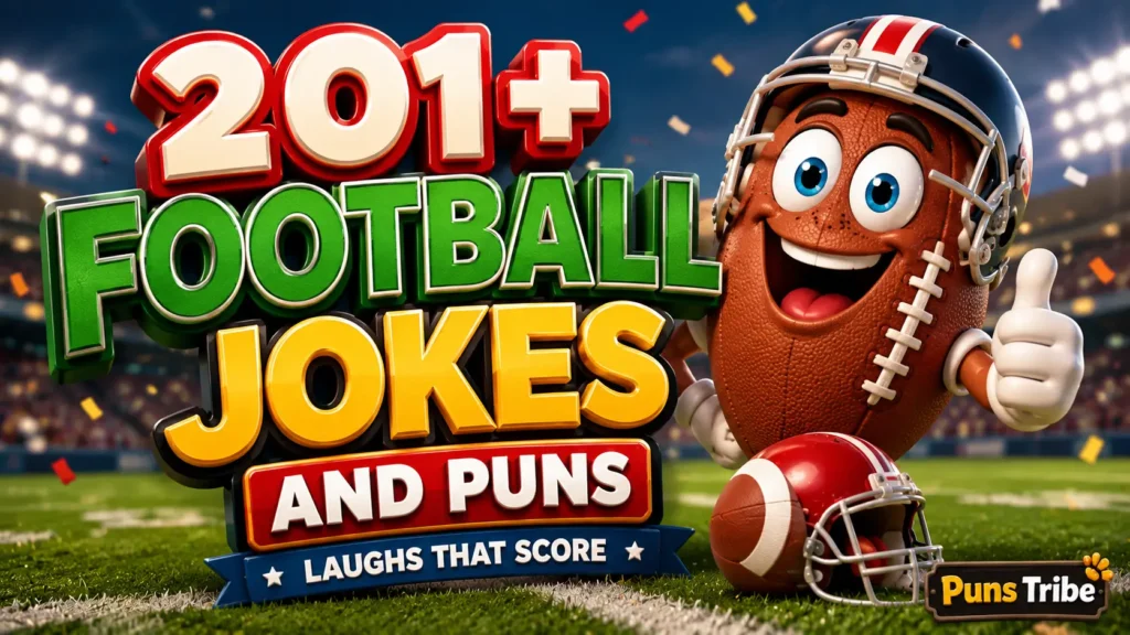 Featured image for football jokes and puns with bold 3D title, smiling football mascot, and stadium background.