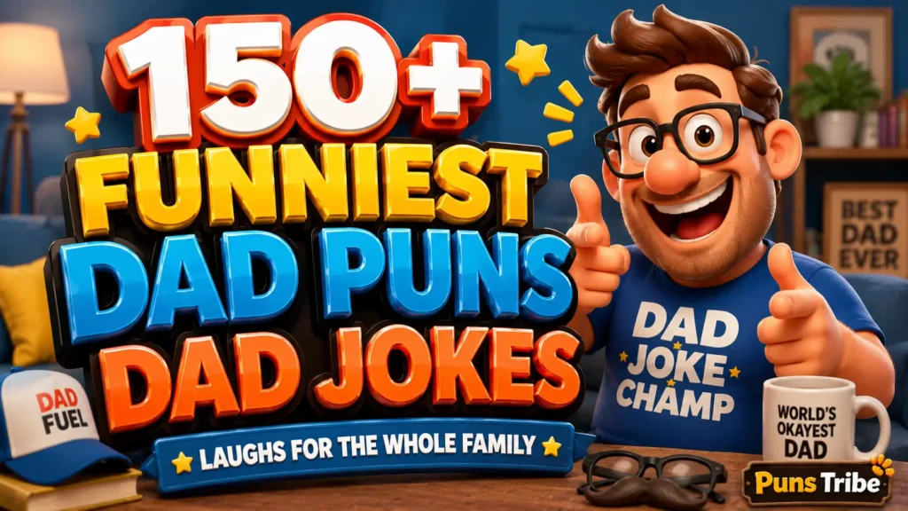 Featured image for funniest dad puns dad jokes with bold 3D title, cheerful cartoon dad, and colorful family-themed background.