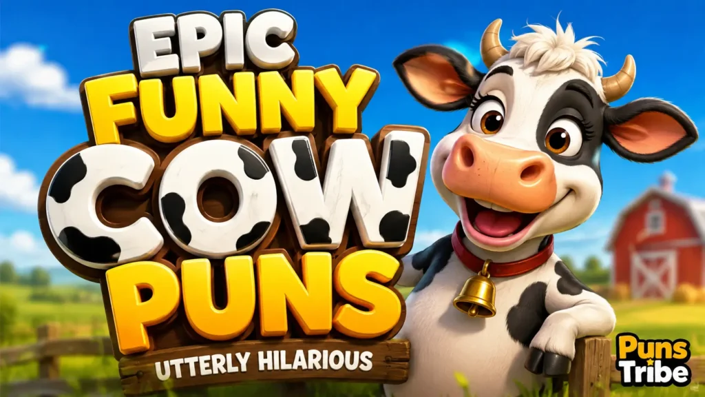 Funny cow puns featured image with a cheerful cartoon cow and bold 3D typography