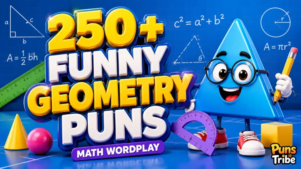 Funny geometry puns thumbnail with bold 3D typography and a cheerful triangle mascot.