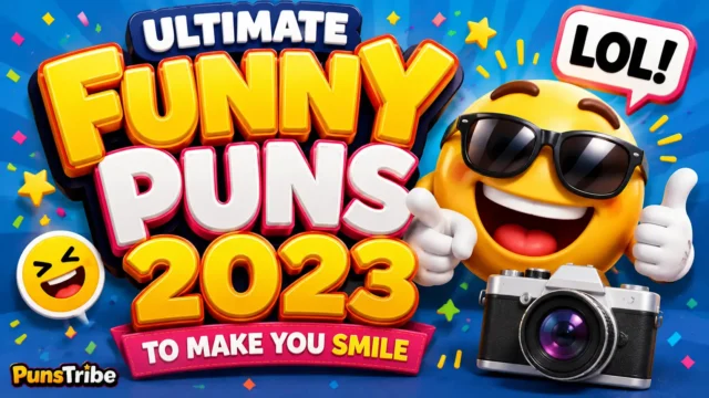 Funny puns 2023 featured image with colorful 3D typography and playful cartoon characters