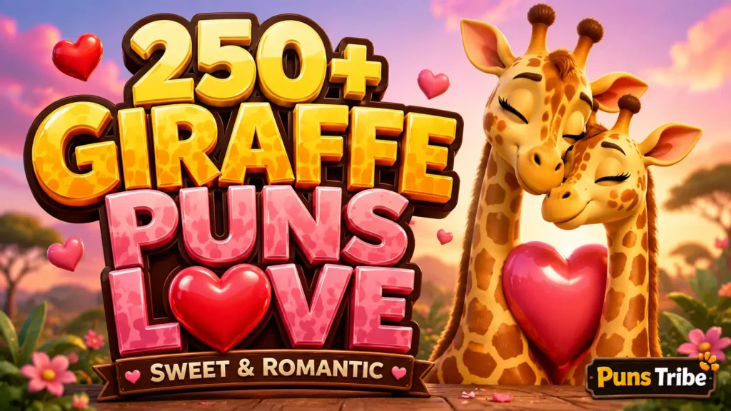 Featured image for giraffe puns love with bold 3D title, adorable romantic giraffes, and heart-themed background.