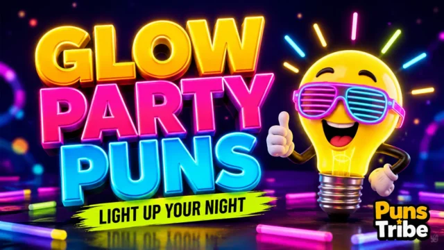 Bright neon graphic featuring glow party puns with a fun lightbulb mascot and Puns Tribe branding.