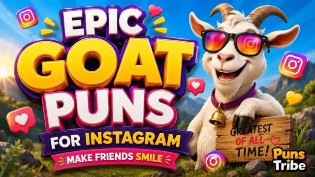goat puns for instagram featured image with a cheerful cartoon goat