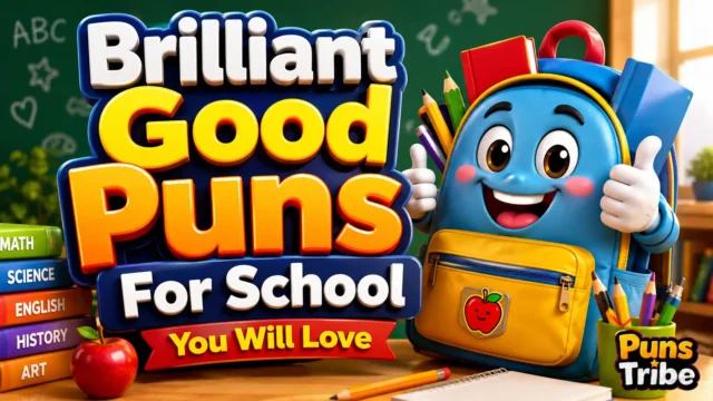 Brilliant good puns for school featured image with a cheerful backpack mascot and colorful classroom theme.