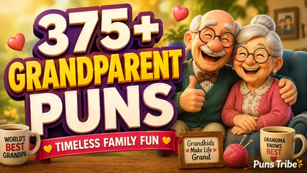A bright widescreen thumbnail with 3D text reading 375+ Grandparent Puns and a cute cartoon grandparent mascot.