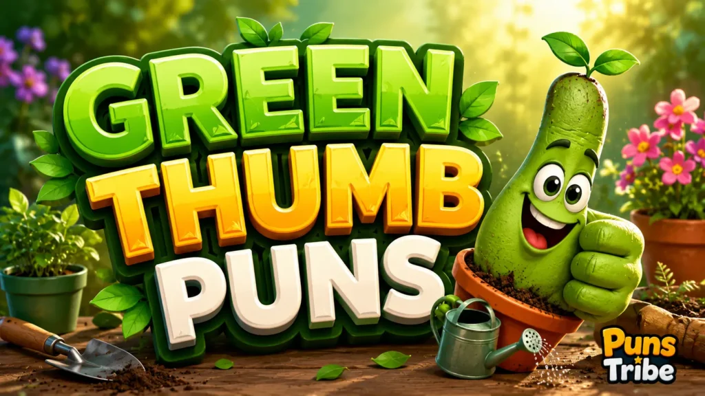 Green thumb puns featured image with a cheerful garden mascot and vibrant 3D typography