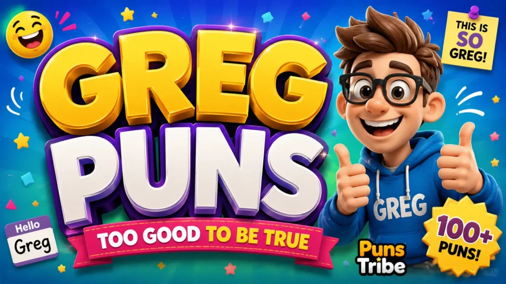 greg puns featured image with bold 3D lettering and a cheerful cartoon character
