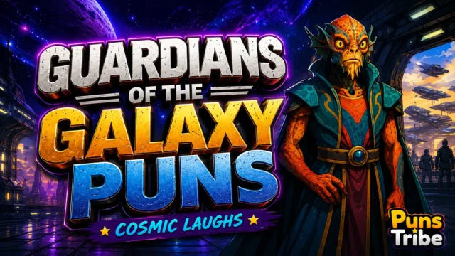 Guardians of the galaxy puns featured image with a colorful cosmic alien and bold 3D typography